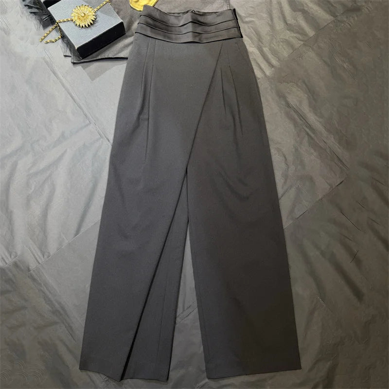 Women's pants New asymmetrical slim straight leg pants for spring 2026 Satin patchwork high waisted wide leg pants casual pants