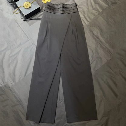 Women's pants New asymmetrical slim straight leg pants for spring 2026 Satin patchwork high waisted wide leg pants casual pants