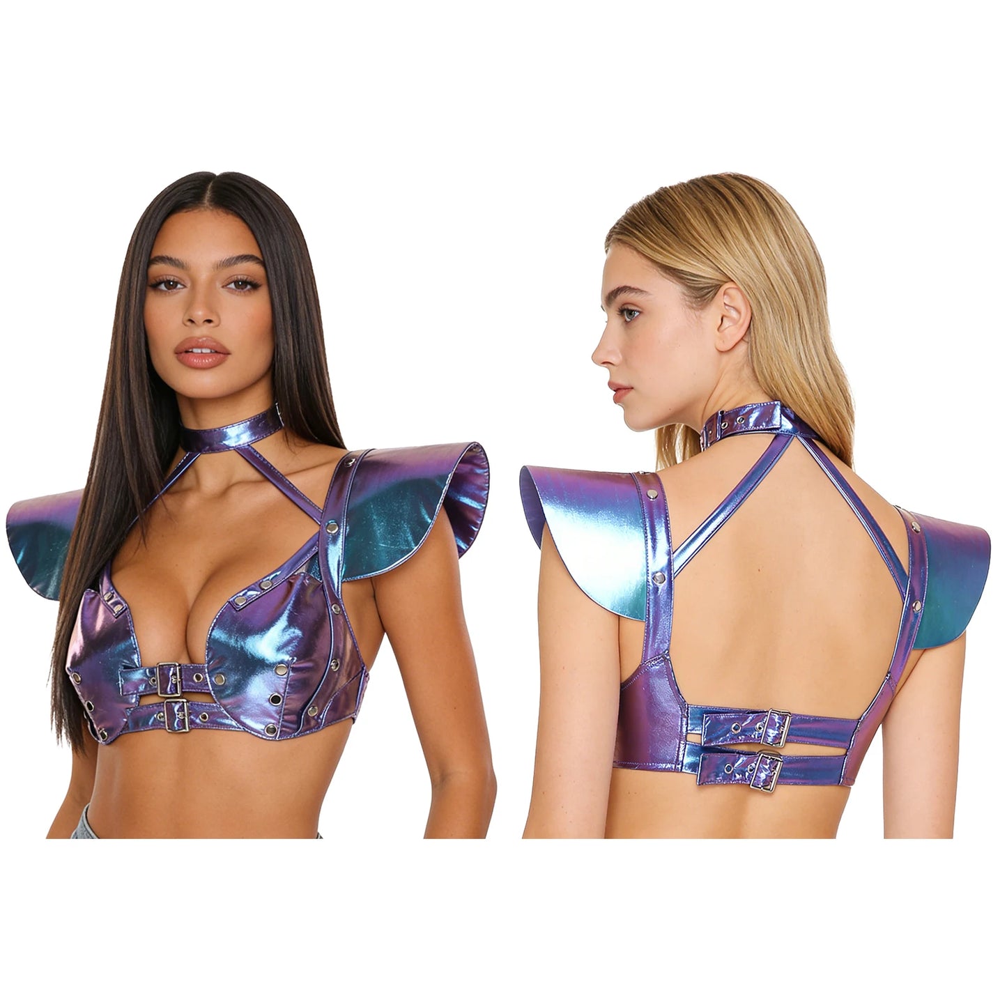 Womens Gothic Shiny Metallic Cut Out Crop Top Holographic Halter Neck Plunging Adjustable Buckles Corset Bustier Shoulder Armor