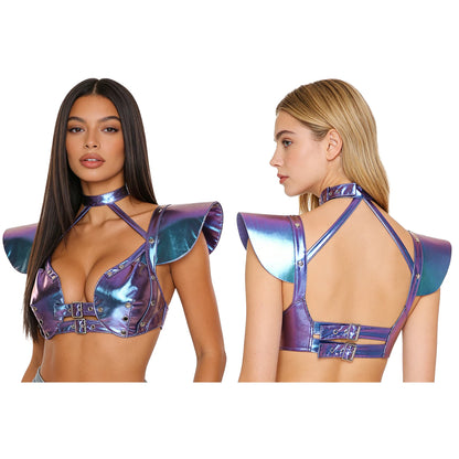 Womens Gothic Shiny Metallic Cut Out Crop Top Holographic Halter Neck Plunging Adjustable Buckles Corset Bustier Shoulder Armor