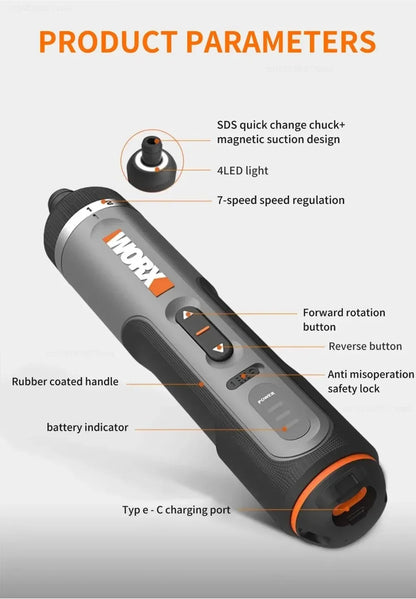 Worx 30 Bit Sets Power Tools WX242 Electrical Screwdriver Set Smart Cordless Drill Screwdrivers USB Rechargeable Set Home Repair