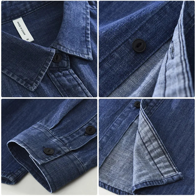2025 Autumn New Vintage Washed 100% Cotton Long Sleeve Denim Shirt for Men Clothing Turn-down Collar Versatile Streetwear CM7781