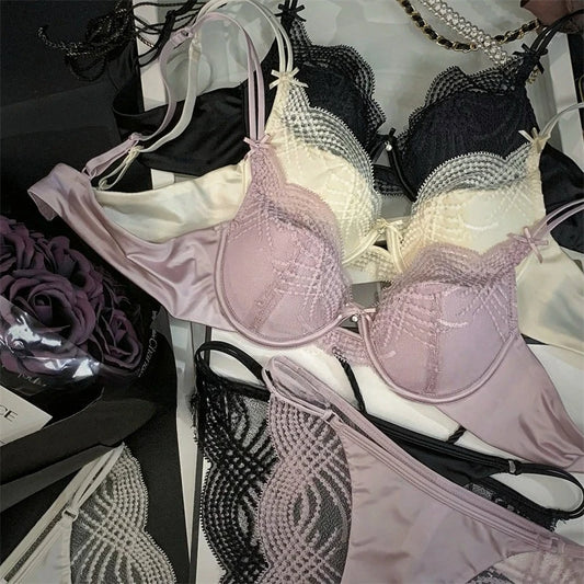 French Lace Embroidery Women Lingerie Set Sexy Hollow Thin Cup Push Up Bra High Quality Silk Satin Intimates Comfort Underwear