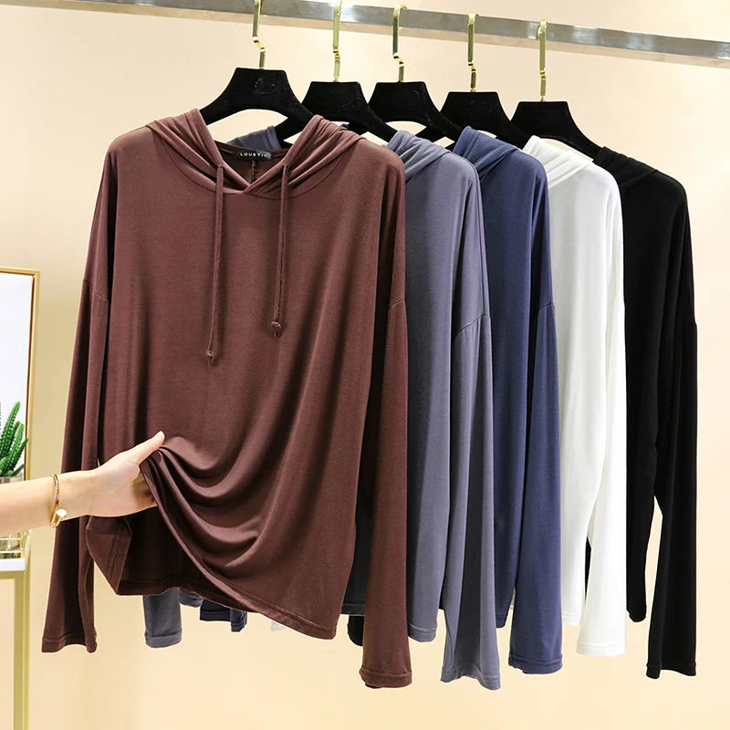 Spring Summer New Modal Long Sleeve Hoodie T-Shirt Women plus Size Loose Base Shirt Slimming Sun Protection Top Korean Style