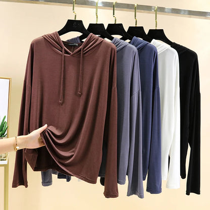 Spring Summer New Modal Long Sleeve Hoodie T-Shirt Women plus Size Loose Base Shirt Slimming Sun Protection Top Korean Style