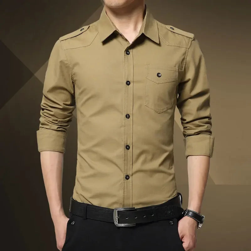 2026 Men's Epaulette Shirt Fashion Full Sleeve Epaulet Shirt Military Style 100% Cotton Army Green Shirts with Epaulets