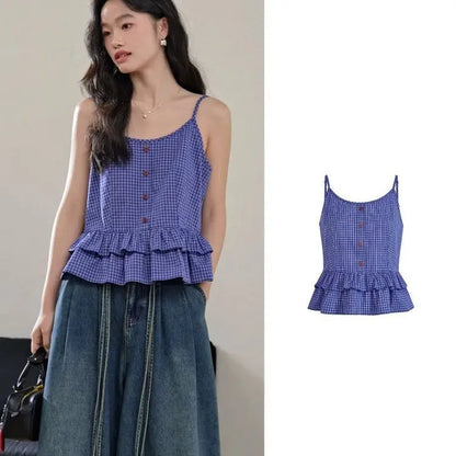Blue Plaid Short Shirt Women's Spring Summer New Miu Style Ruffle Sleeve Top Female Fashionable Casual Business Workwear