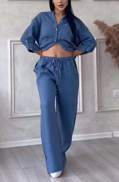 Women's  Color Long Sleeve Shirt And Wide Leg Pants Two-Piece Set Button-Up Tie Waist Long Pants Fashionable Ensemble