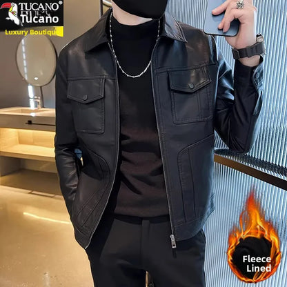 TUCANO Men's Genuine Leather Jacket 2026 Autumn Winter Warm Sheepskin Slim Fit Biker Style Stand Collar Coat Outerwear
