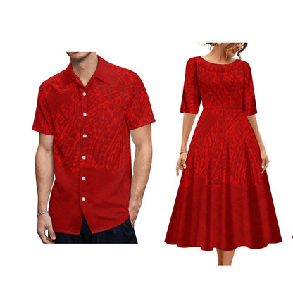 Tribal Clothing Polynesian Men Shirt Hawaiian Print Customized Large Round Neck Women Dress Couple Fashion Elegant Match