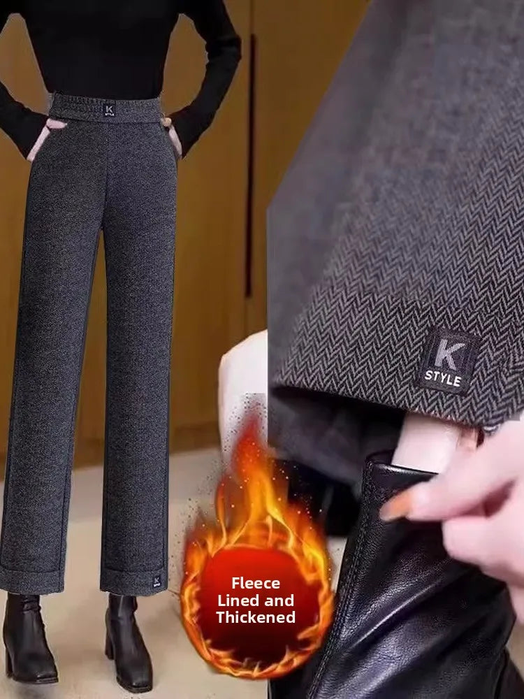 Women's Winter Fleece Lined Straight Leg Pants High Waist Casual Trousers Nine Point Length Autumn Winter Outerwear Versatile