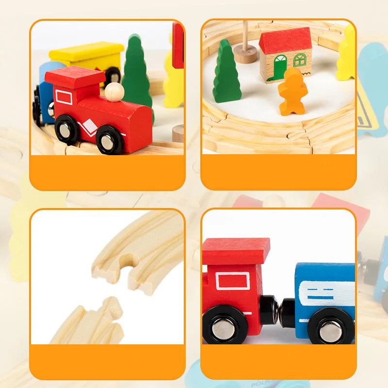 Children's Pine Wood Train Track And Vehicle Toy Set - Educational City Scene Toy With Tracks Cars Traffic Signs And Buildings