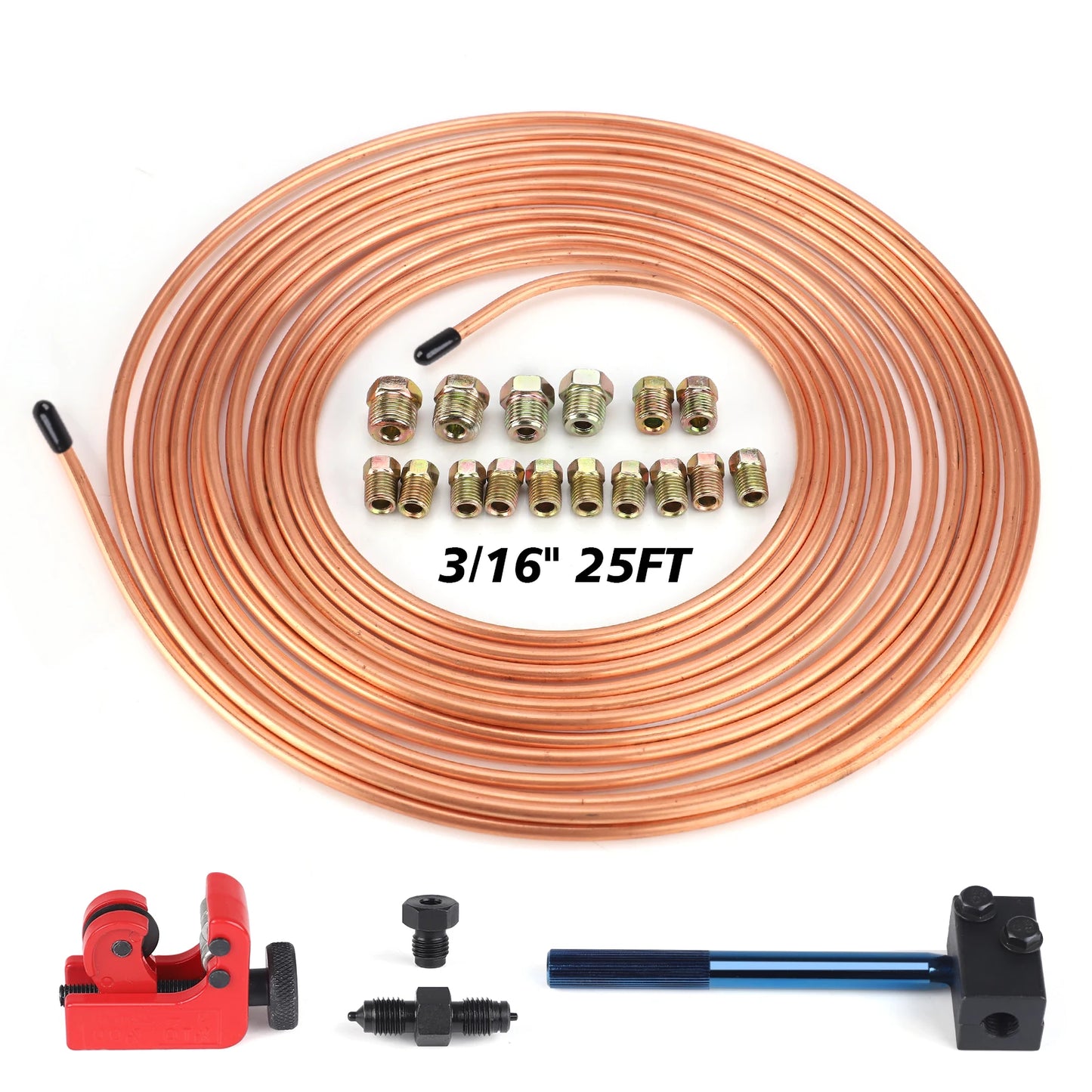 25Ft 7.62m 3/16" OD Roll Tube Coil Brake Line Pipe Tube House Repair Kit With 16PCS Tube Nuts Double Flaring Tool Tubing Cutter