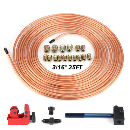 25Ft 7.62m 3/16" OD Roll Tube Coil Brake Line Pipe Tube House Repair Kit With 16PCS Tube Nuts Double Flaring Tool Tubing Cutter