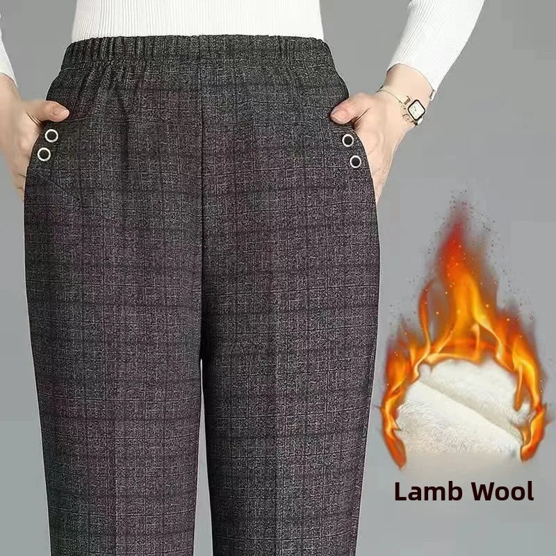 Women's Fleece Lined Loose Straight Leg Elastic Waist Casual Pants Thickened Autumn Winter New Style Cotton Sheepskin Velvet