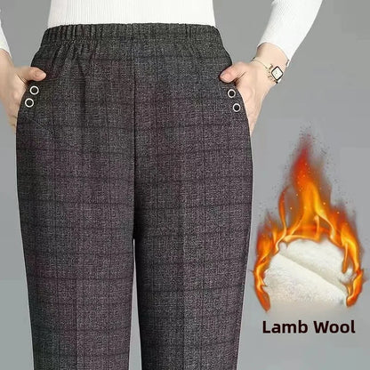 Women's Fleece Lined Loose Straight Leg Elastic Waist Casual Pants Thickened Autumn Winter New Style Cotton Sheepskin Velvet