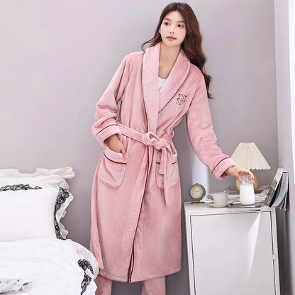 Thiened Long Coral Fce Pajamas Women's Spwear Winter Home Clothes Couple Batobes Men's plus Size Flannel Gown