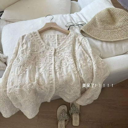 Women Spring Summer Embroidered Versatile Loose-Fit Shirt Top French Style Blouse Cardigan Top