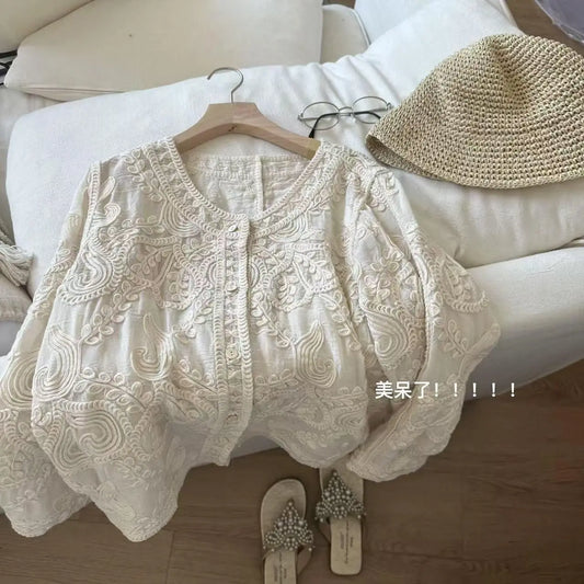 Women Spring Summer Embroidered Versatile Loose-Fit Shirt Top French Style Blouse Cardigan Top