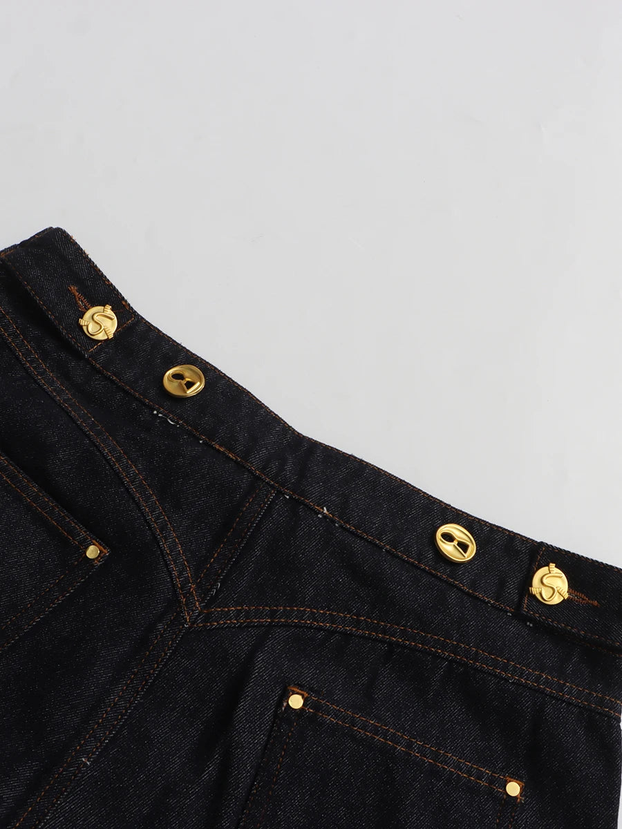VGH Solid Spliced Button Loose Denim Two Piece Sets For Women Lapel Long Sleeve Top High Waist Pants Chic Set Female Fashion