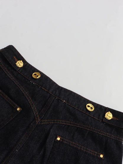 VGH Solid Spliced Button Loose Denim Two Piece Sets For Women Lapel Long Sleeve Top High Waist Pants Chic Set Female Fashion