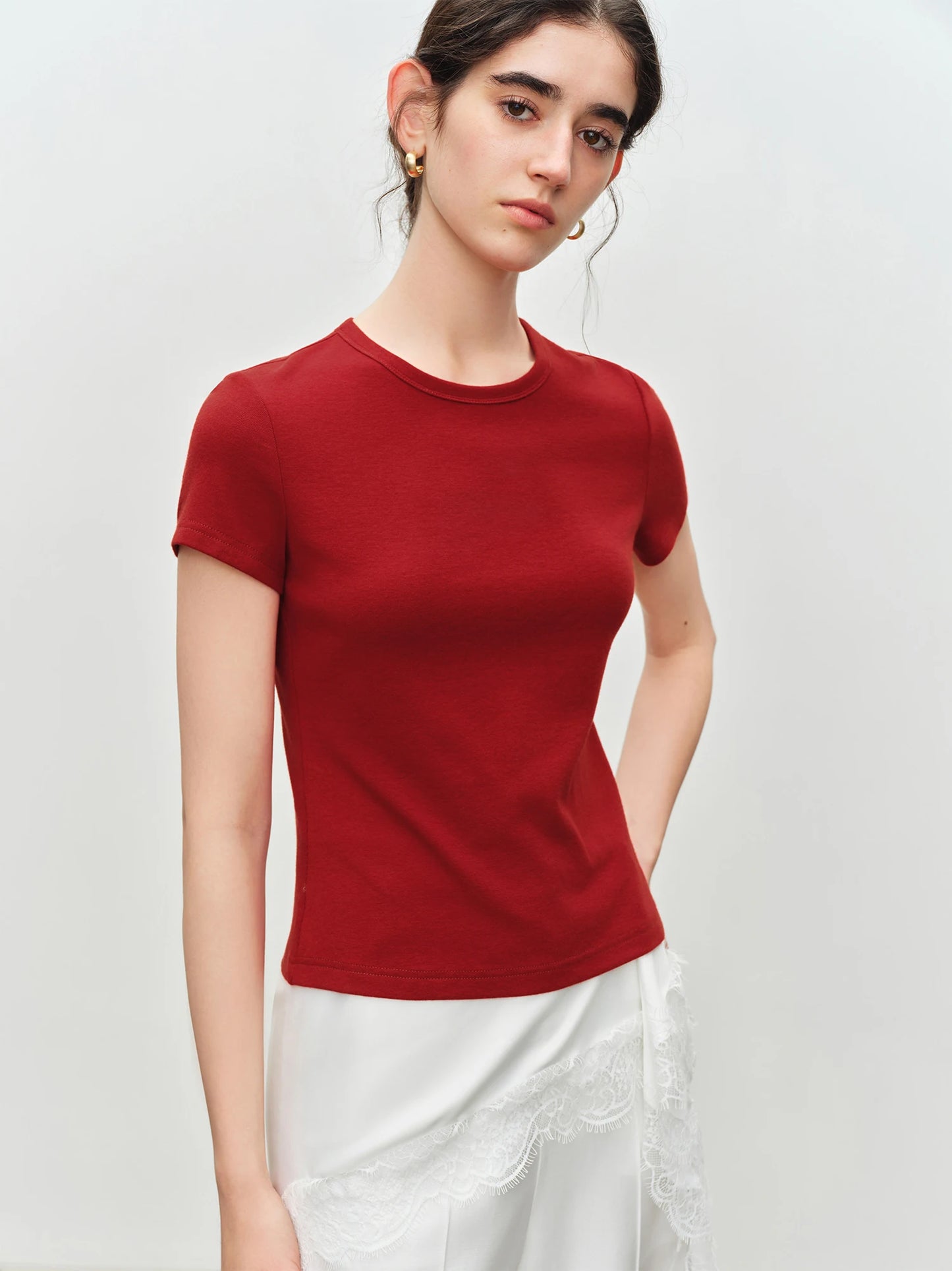 ZIQIAO Elastic Solid Basics Short-sleeved Slim-fit Knit T-shirt for Women New Summer 2026 Design Red Top Daily BF