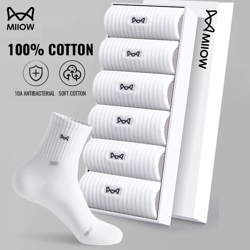 MiiOW 100% Pure Cotton Socks Men Business Dress Long Sock Black White Antibacterial Anti Odor Crew Socks Breathable Sport Sock