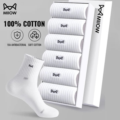 MiiOW 100% Pure Cotton Socks Men Business Dress Long Sock Black White Antibacterial Anti Odor Crew Socks Breathable Sport Sock