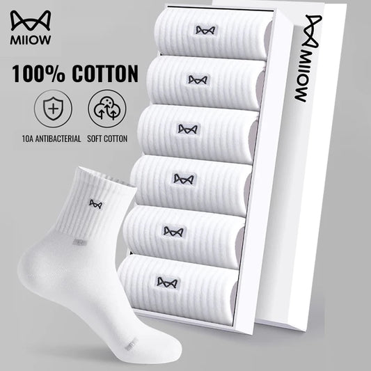 MiiOW 100% Pure Cotton Socks Men Business Dress Long Sock Black White Antibacterial Anti Odor Crew Socks Breathable Sport Sock