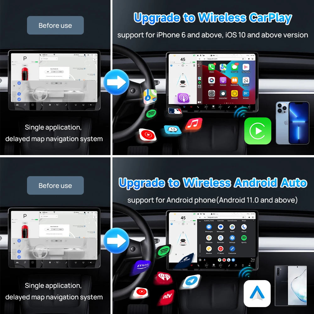 CarlinKit T2C For Tesla Upgrade CarPlay Wireless Android Auto Universal Model 3 Model Y X S 5Ghz WiFi CarPlay Ai Box SpotifyWaze
