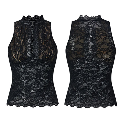 Women Kawaii Harajuku Retro Tank Tops Cut Out Mockneck Sleeveless Slim Fit Vest Trendy Summer Lace Corset Streetwear