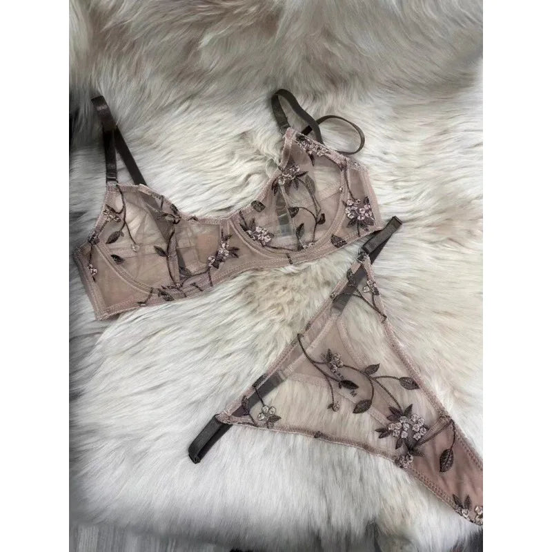 Sexy Soft Mesh Bra Set, Embroidered Ultra Thin T Back,Comfortable Transparent Lingerie for Women, Slimming Breathable Inner Wear