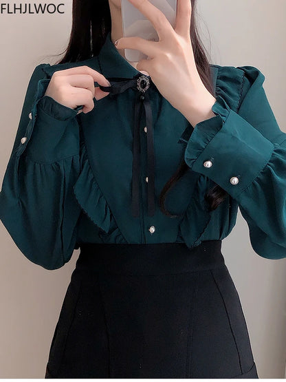 2025 Woman Cute Sweet Girls Thin Semi Transparent Ribbon Bow Tie Retro Vintalge Top Blusas Purple Green White Button Shirts
