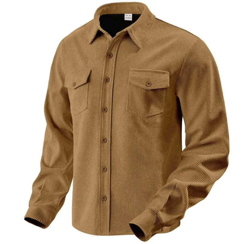 Men's Corduroy Button Down Shirt Casual Long Sleeve Work Shacket with Chest Pockets Fall Winter Fleece Lined Top