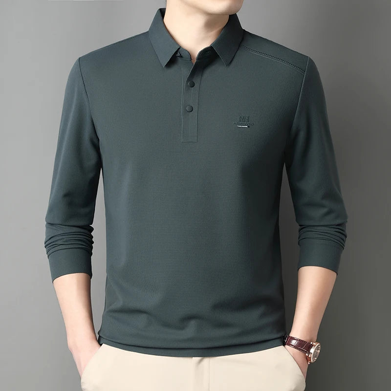 2025 New High End Long Sleeved T-shirt for Men Autumn Edition Flip Collar Thin Polo Shirt Business and Leisure Bottom Shirt