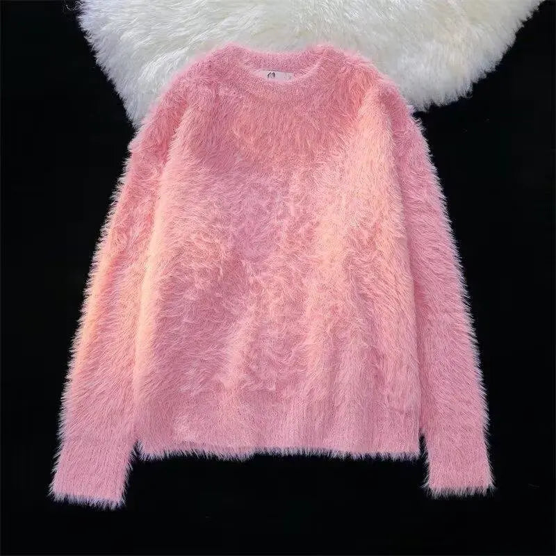 Winter Fur-like Soft Pure Color Sweater with High-end Feel, Long Sleeve, Round Neck, Knitwear, and Knitted Garment for Men and W