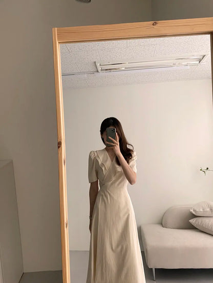 Retro Double Layered Collar Bubble Sleeve  Dress Elegant Short Sleeve V Neck Summer Casual Women's Dress