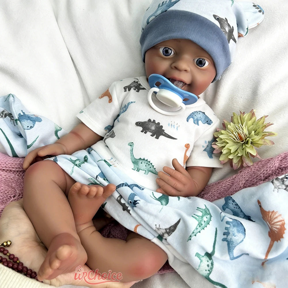 18Inch Dark Skin Full Body Silicone Reborn Baby Realistic Newborn Boy Weighted Lifelike Doll Anatomically Correct for Kids Toy