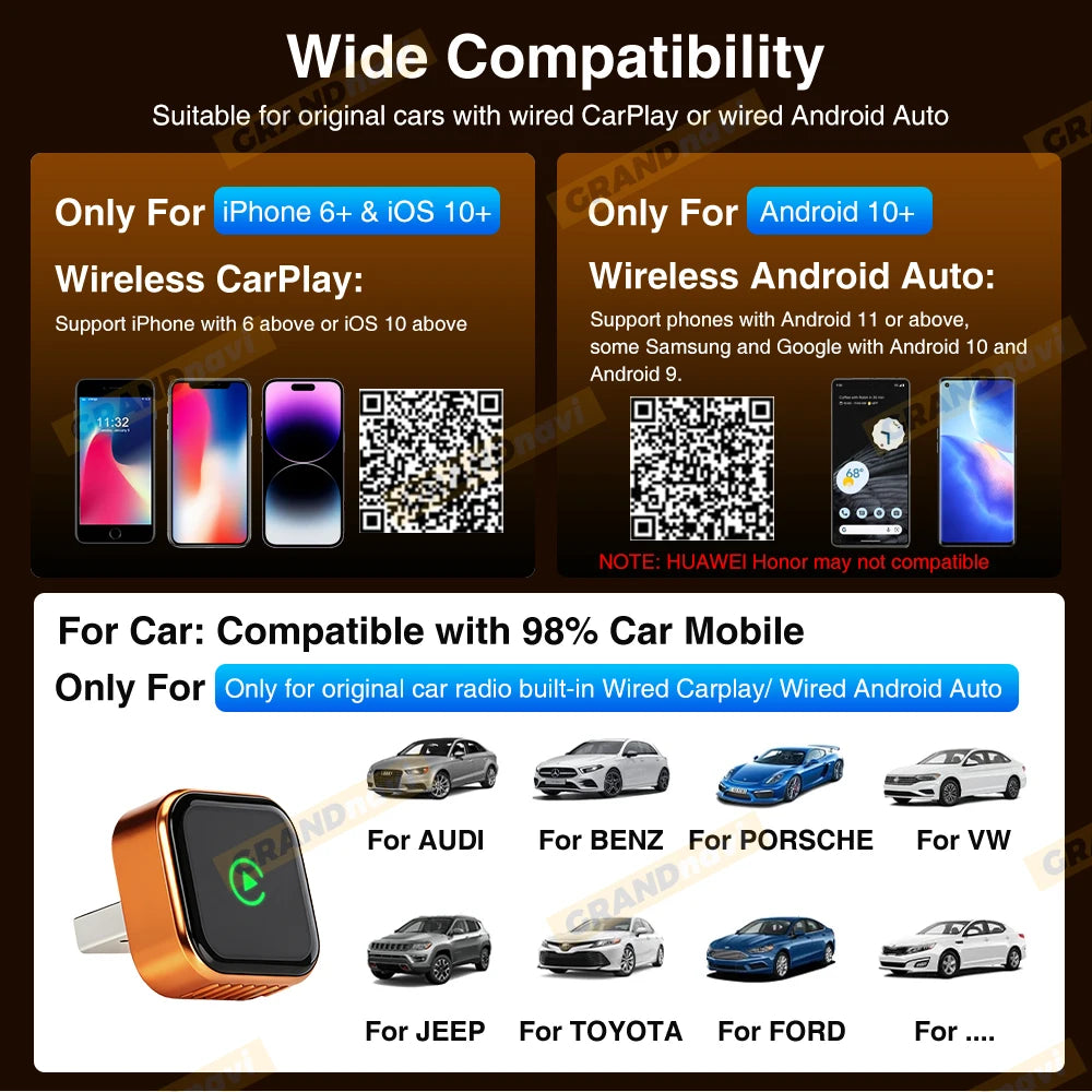 CarPlay Wireless Orange Adapter 2026 New Plug & Play Auto Connect No Delay Converts Wired to Wireless iPhone & Android