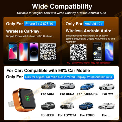 CarPlay Wireless Orange Adapter 2026 New Plug & Play Auto Connect No Delay Converts Wired to Wireless iPhone & Android