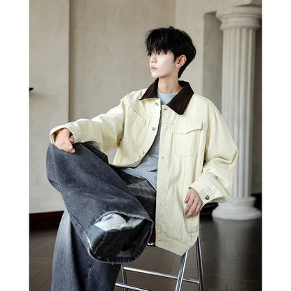 Men's Workwear Denim Shirt Spring Summer Fashion Breathable Cotton Blend Contrast Collar Loose Top Street Urban Commuter Wear
