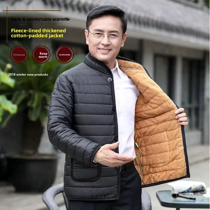 Thickened Fleece Lined Stand Collar Cotton Jacket Dad Style Warm Inner  for Middle Aged And Elderly Men's Clothing