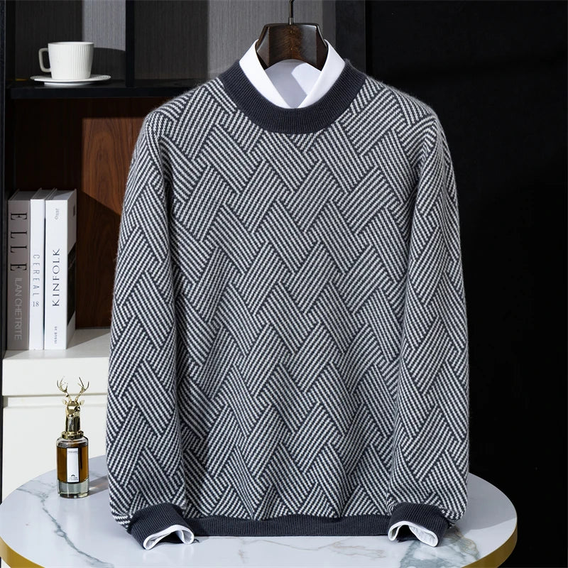 Autumn and winter new thick 100% pure cashmere men's round neck jacquard loose color matching leisure sweater cashmere sweater