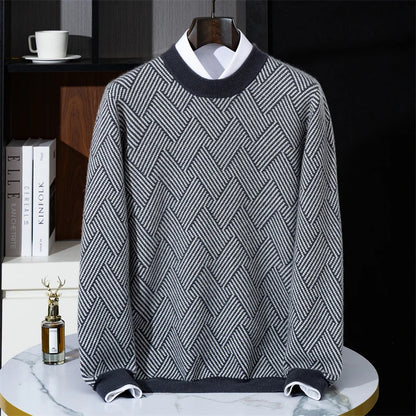 Autumn and winter new thick 100% pure cashmere men's round neck jacquard loose color matching leisure sweater cashmere sweater