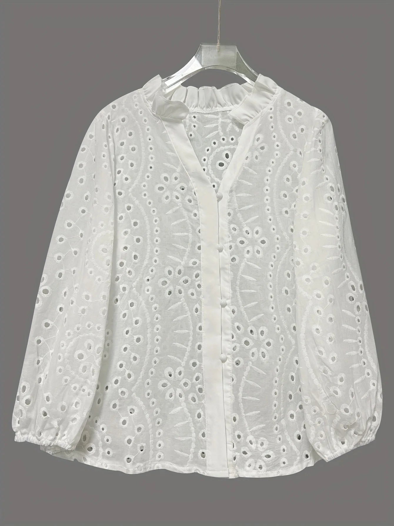 New Loose Elegant V Neck Hollow Out Lace Shirt Long Sleeve Fashion Women Office Sweet Blouse Casual Ruffle Solid Color Top