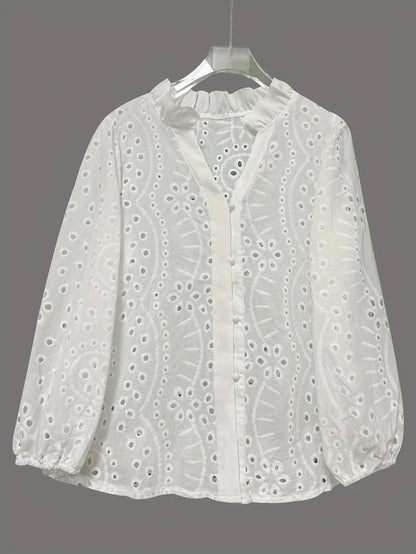 New Loose Elegant V Neck Hollow Out Lace Shirt Long Sleeve Fashion Women Office Sweet Blouse Casual Ruffle Solid Color Top