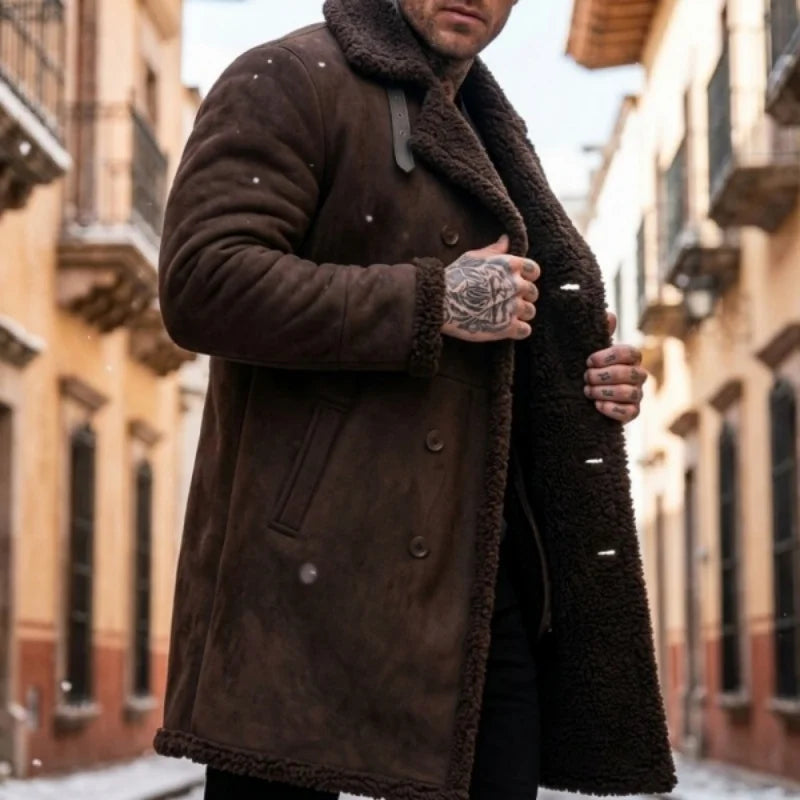 Men’s Winter Fleece-Lined Jacket Thickened Faux Fur Windproof Coat Double-Breasted Belted Trench  Outdoor Hunting Hiking Male