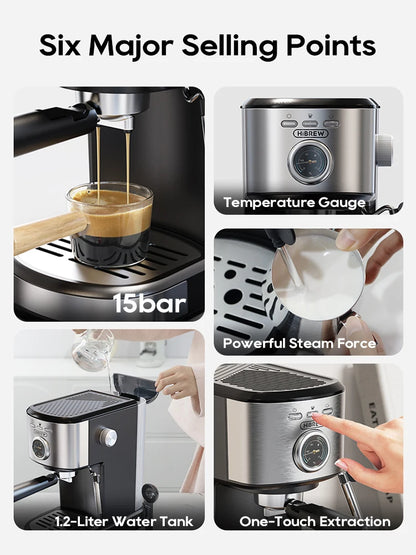 HiBREW Espresso Coffee machine Cafetera Semi Automatic Coffee Maker 15Bar Visual Temperatura H5A