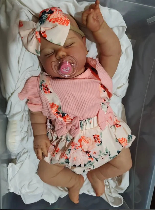 60CM  Reborn Pickle Sleeping Baby in Dark Skin Soft Body Hand-Painted Lifelike Baby with Hand Draw  Hair Collectible Art Doll