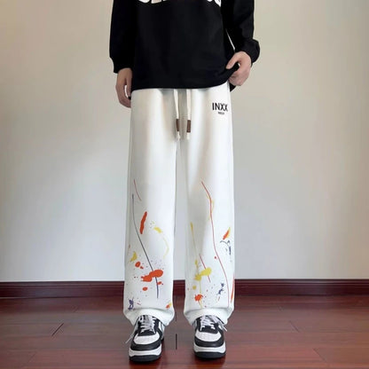 Trendy Men’s Graffiti Jogger Trousers American Street Style Wide Straight Leg Pants Loose Casual Long Pants for Everyday Wear